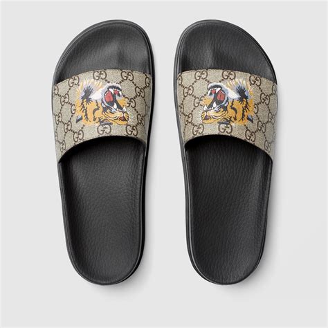 gucci men's tiger slides|Gucci tiger slide sandals brown.